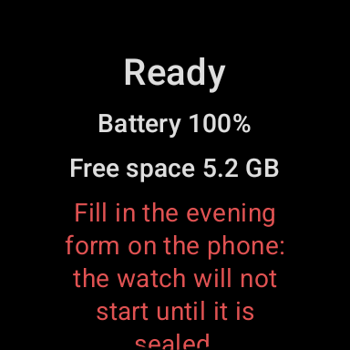 Round watch screen on pure black showing elapsed time, sample count, measured rate, gaps, megabytes written, battery and FIFO mode, with recording blocked until the evening record is sealed.
